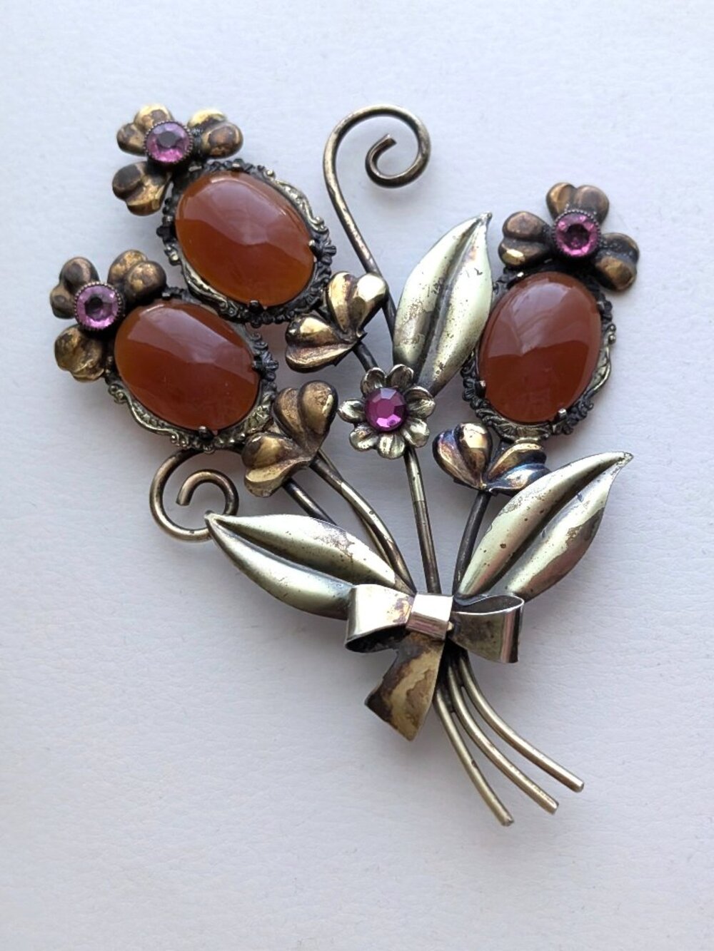 Vintage LARGE Gold Tone Carnelian Purple Glass Bouquet Of Flowers Brooch Pin